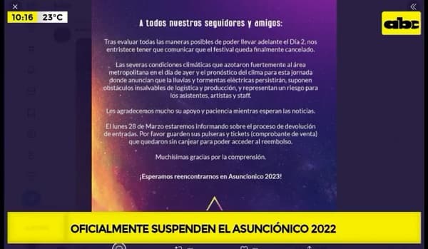 Cancelan el festival Asunciónico y anuncian devolución de entradas