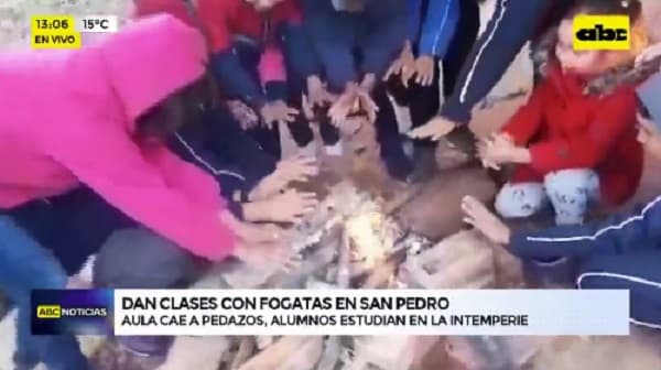 Alumnos mitigan el frío con fogatas para dar clases en San Pedro