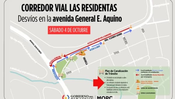 Desvíos en avenida E. Aquino por obras del MOPC desde el sábado