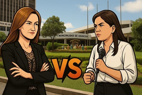 dos mujeres políticas se enfrentan frente al edificio de la Municipalidad de Asunción, con un “VS” en el centro y un pesebre al fondo.