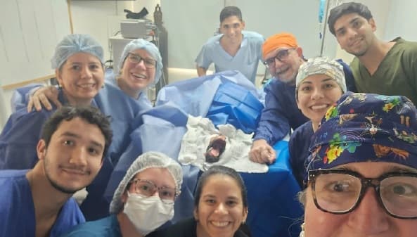 Los médicos veterinarios que participaron de la cirugía son Lourdes Natalie Servín, Mercedes Martínez, Raquel Núñez, Pedro Luis Ferrer, Fabricio Ferrer, Deydra Valenzuela, Mario Borba y Yanina Sambrini.Foto: Facebook Olfateando Huellas.
